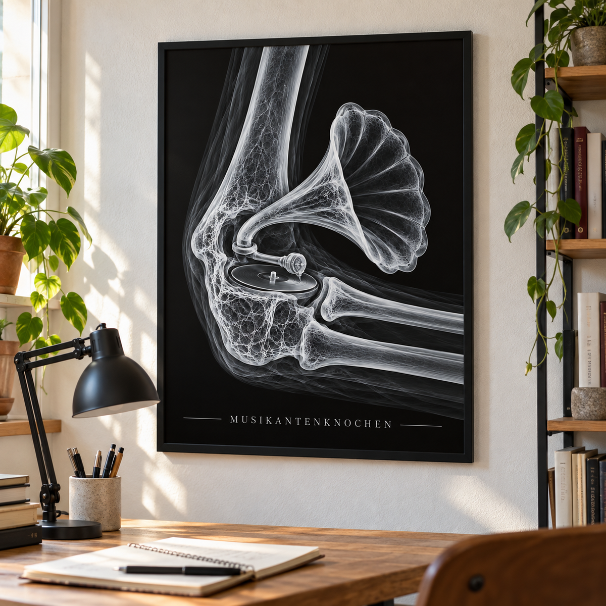 Musikantenknochen – Grammophon – gerahmtes Wandbild im Arbeitszimmer