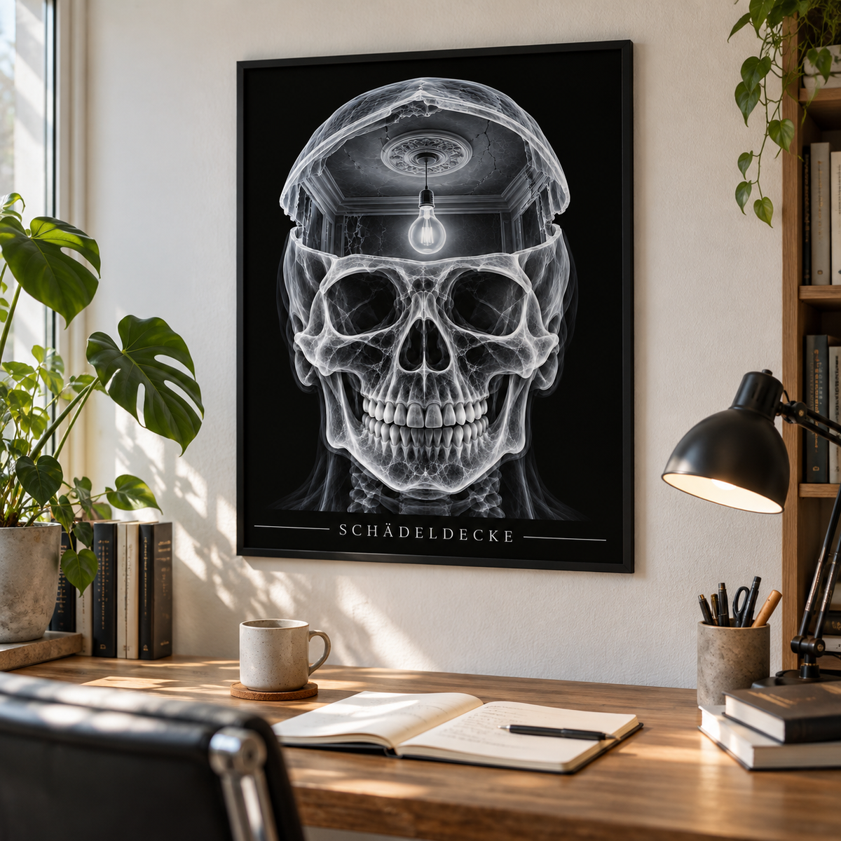 Schädeldecke – Deckenrosette – gerahmtes Wandbild im Arbeitszimmer
