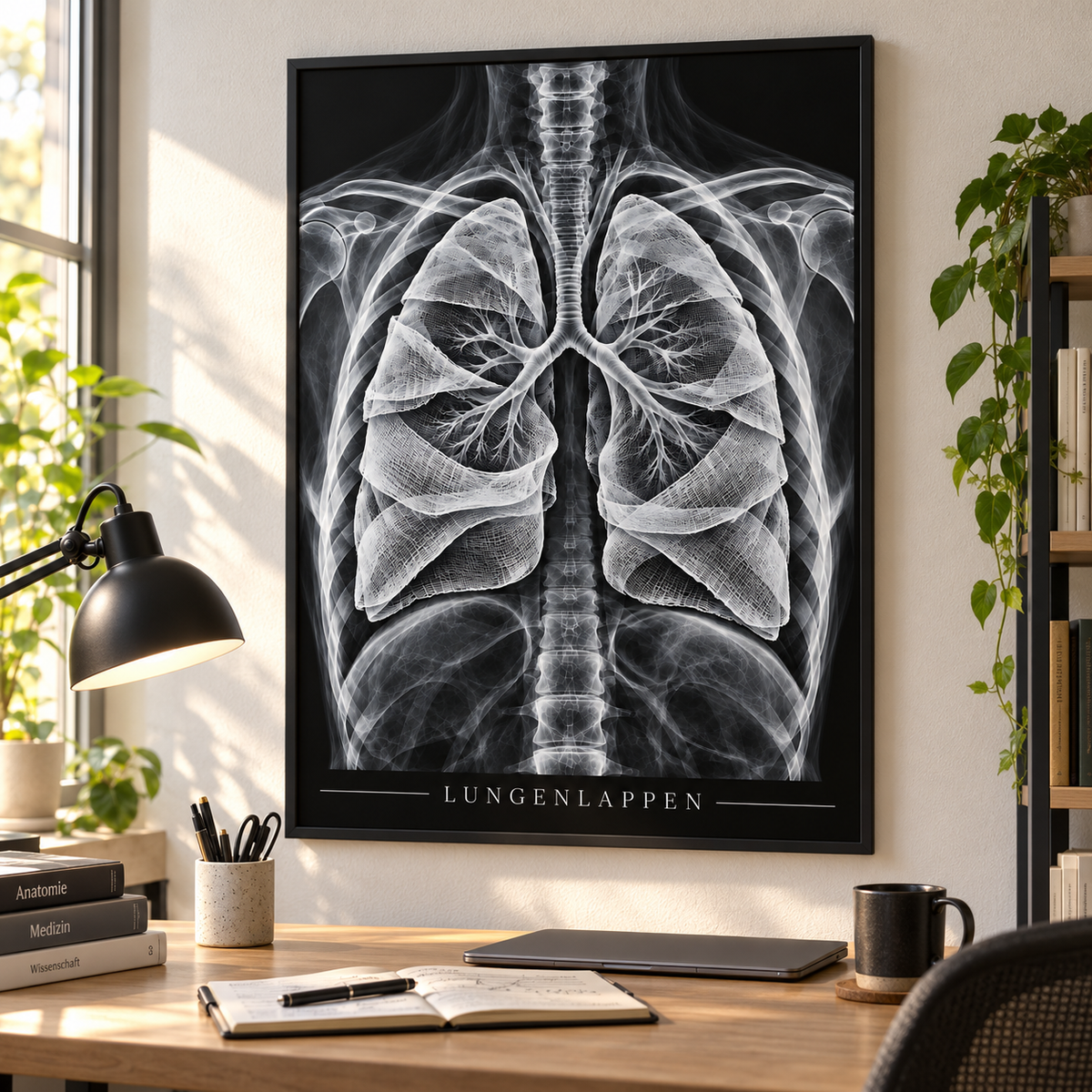 Lungenlappen – Mulltücher – gerahmtes Wandbild im Arbeitszimmer