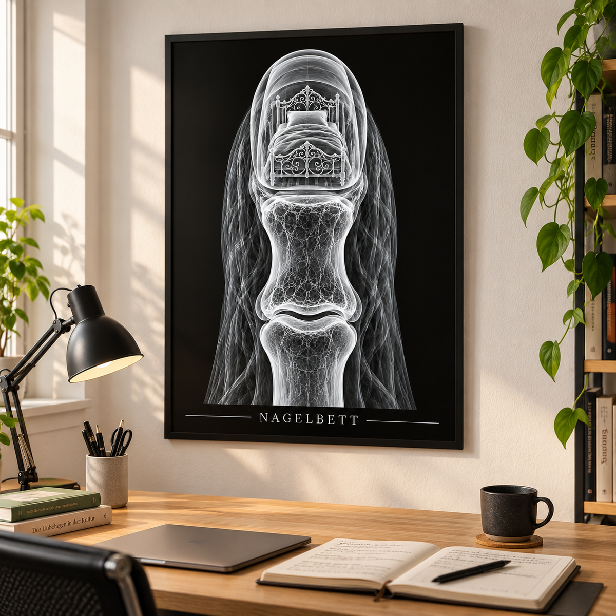 Nagelbett – Metallbett – gerahmtes Wandbild im Arbeitszimmer
