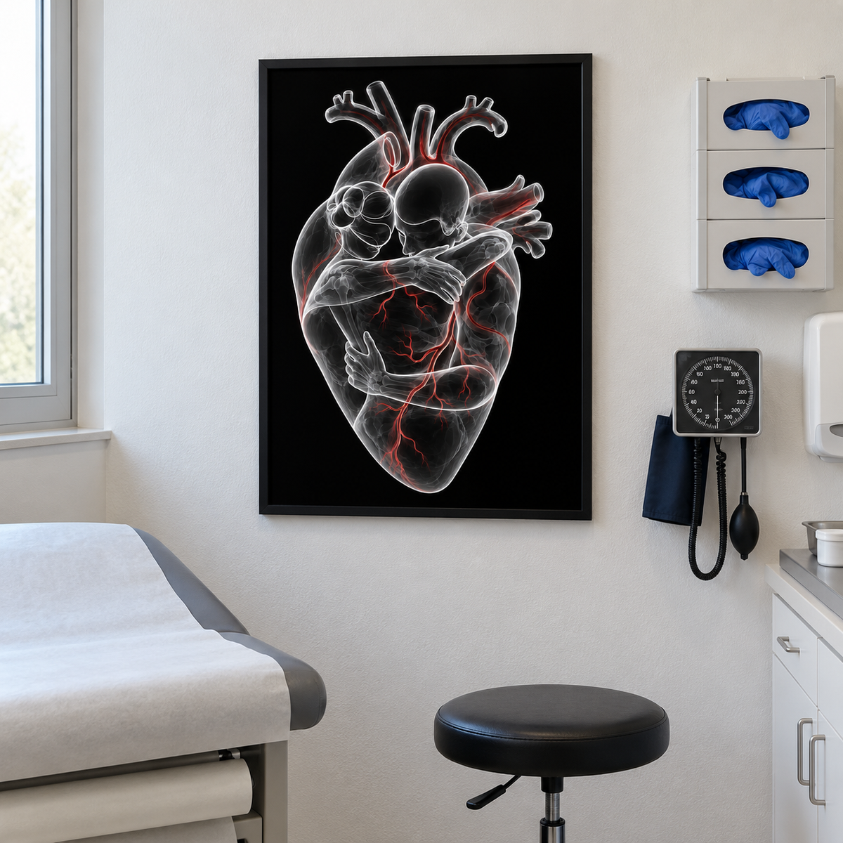Herzumarmung – Rote Adern als gerahmtes Wandbild im Behandlungsraum einer Arztpraxis.
