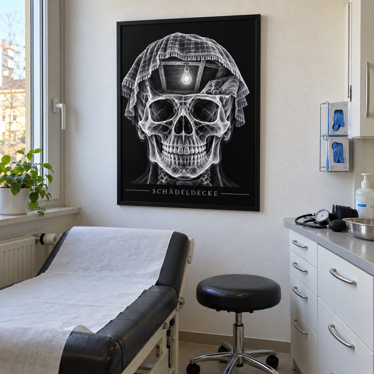 Schädeldecke – Deckenhöhle – gerahmtes Wandbild im Behandlungszimmer