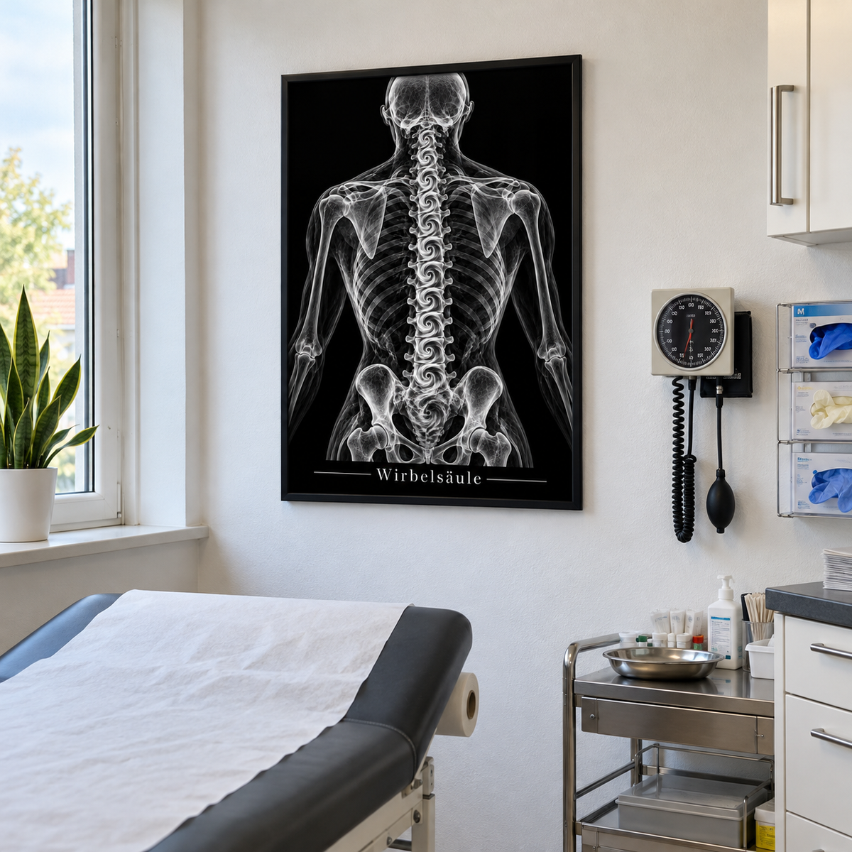 Wirbelsäule – gerahmtes Wandbild im Behandlungszimmer