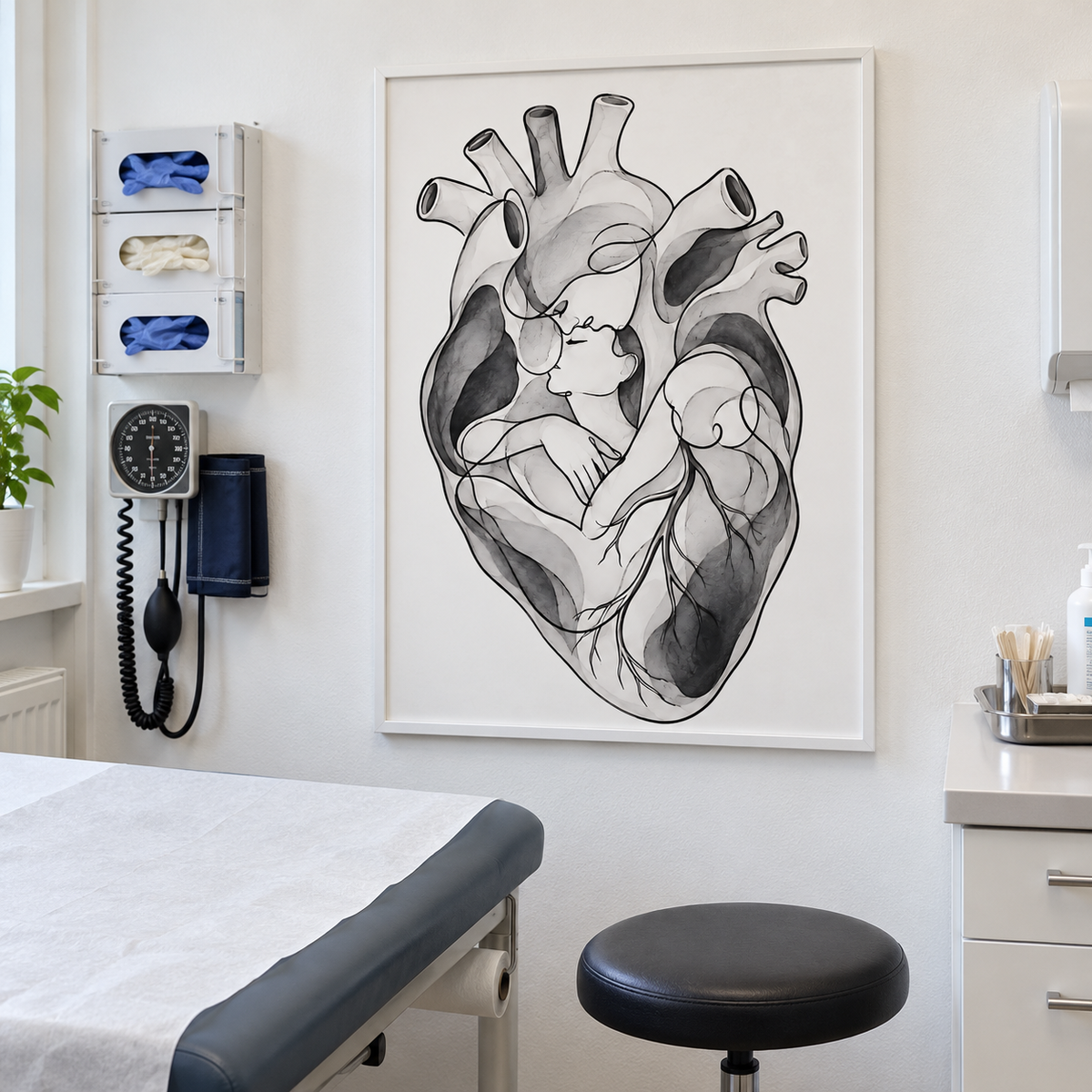 Stirnkuss – Schwarz auf Weiß als gerahmtes Wandbild im Behandlungsraum.