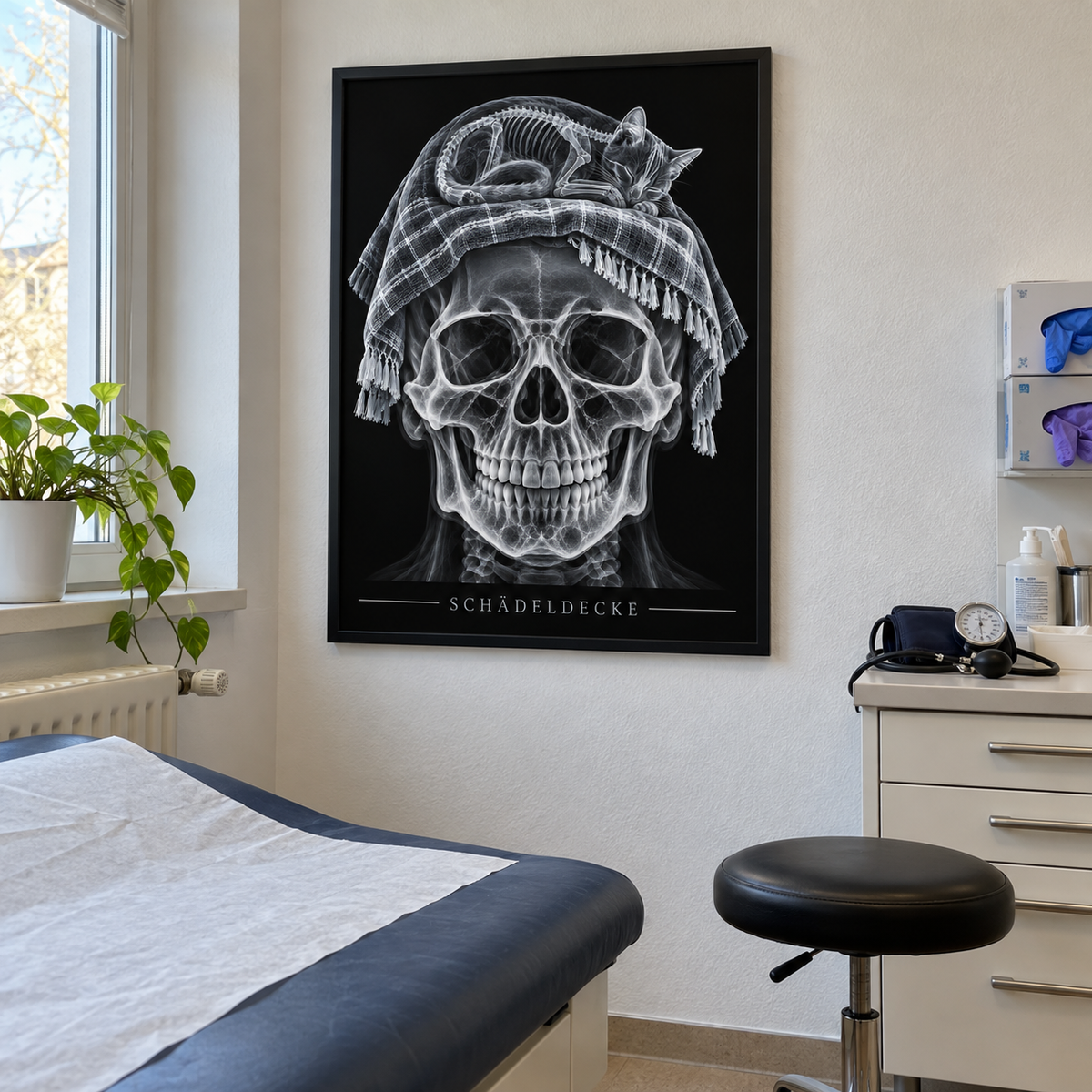 Schädeldecke – Katzenruhe – gerahmtes Wandbild im Behandlungszimmer
