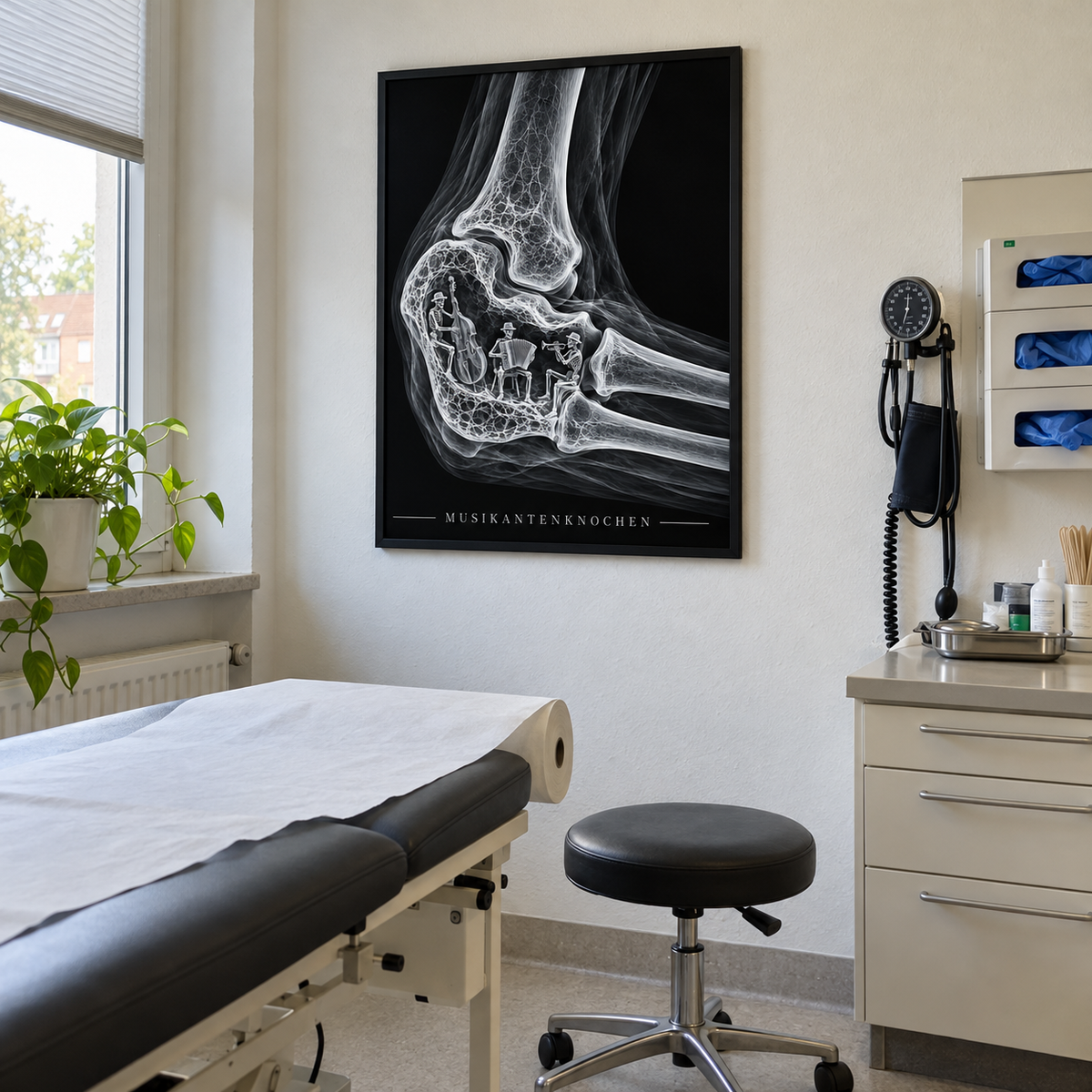 Musikantenknochen – gerahmtes Wandbild im Behandlungszimmer