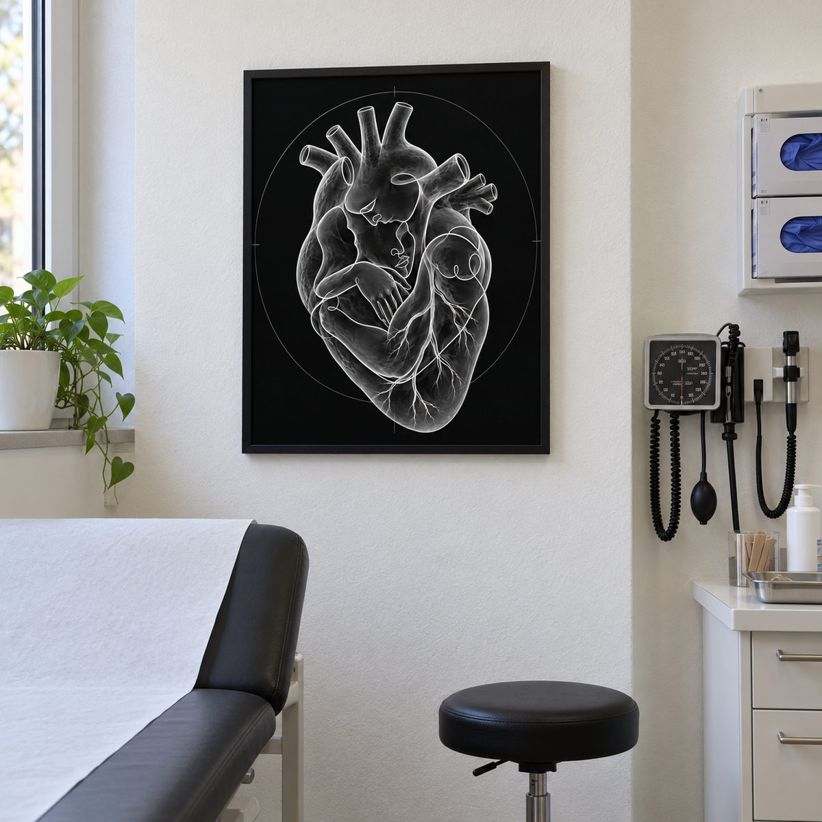 Stirnkuss – Kreis der Nähe als gerahmtes Wandbild im Behandlungsraum.