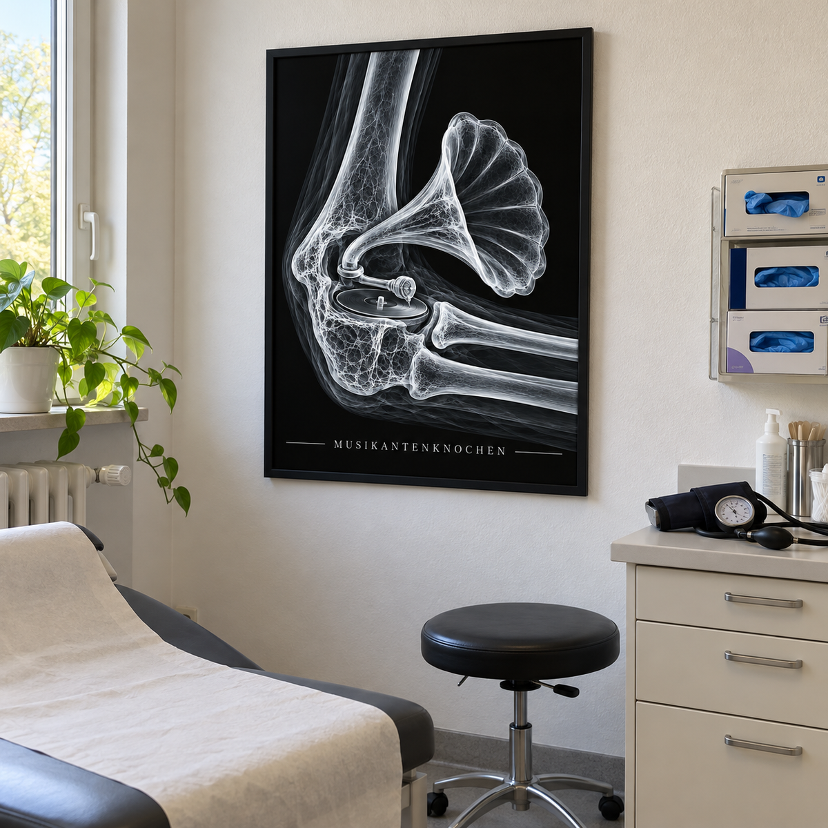 Musikantenknochen – Grammophon – gerahmtes Wandbild im Behandlungszimmer