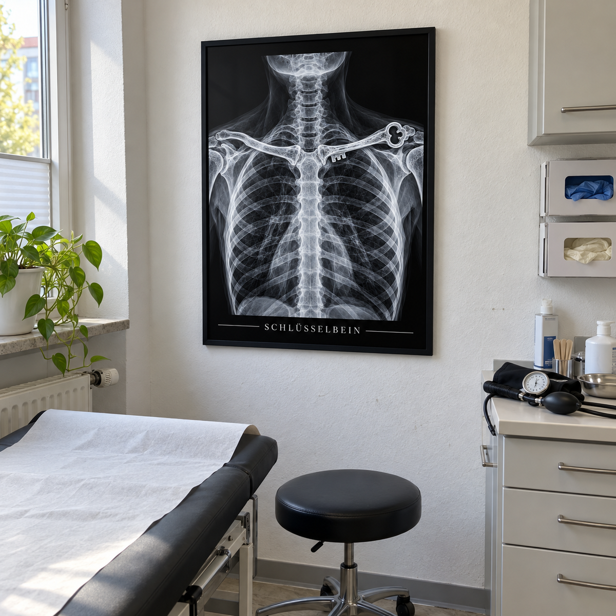 Schlüsselbein – gerahmtes Wandbild im Behandlungszimmer