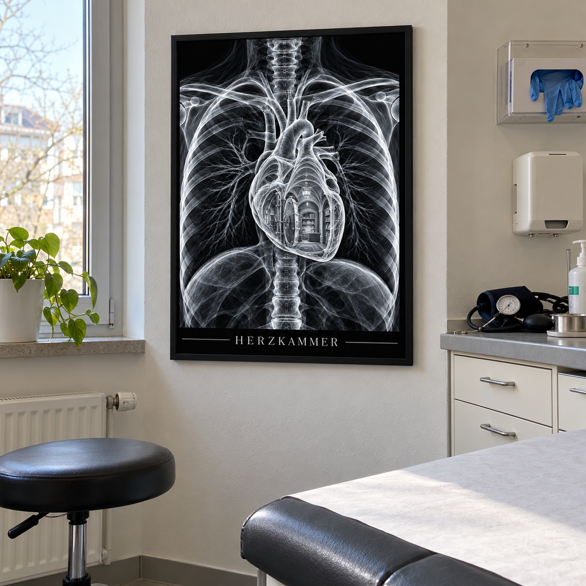 Herzkammer – Tresor – gerahmtes Wandbild im Behandlungszimmer