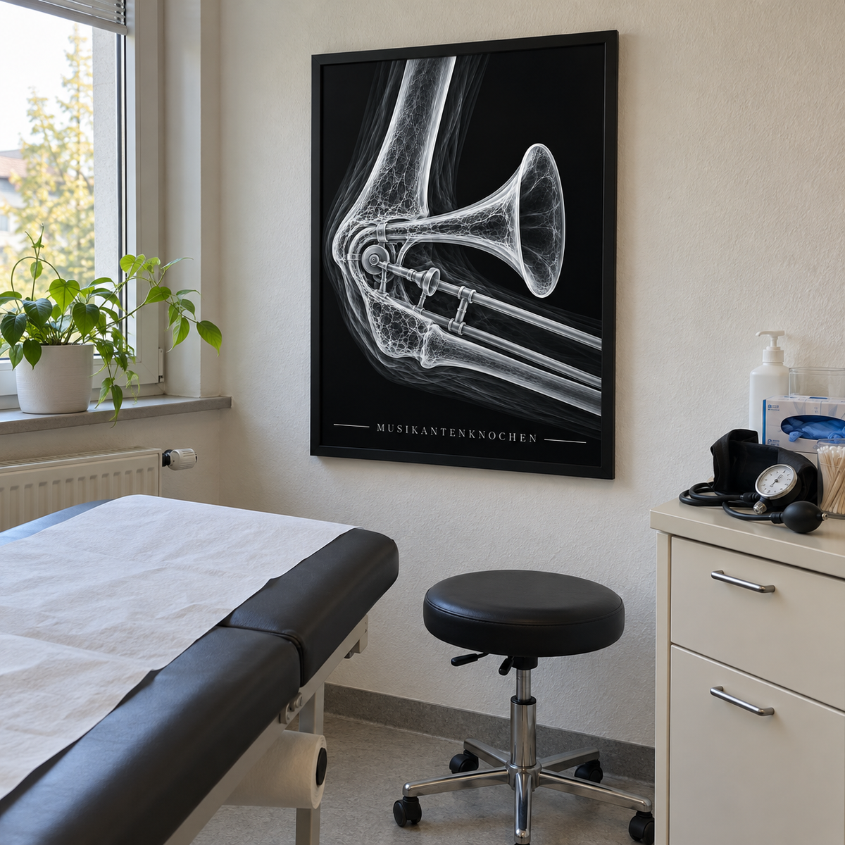 Musikantenknochen – Posaune – gerahmtes Wandbild im Behandlungszimmer