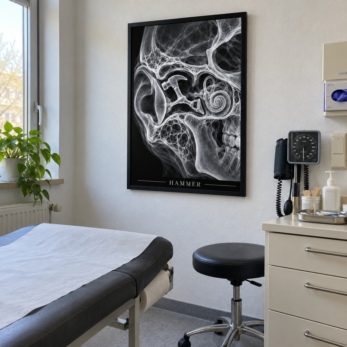 Hammer – gerahmtes Wandbild im Behandlungszimmer