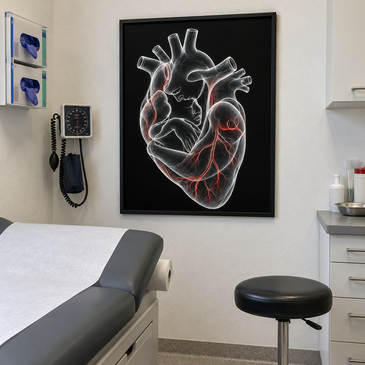 Stirnkuss – Rote Geborgenheit als gerahmtes Wandbild im Behandlungsraum.