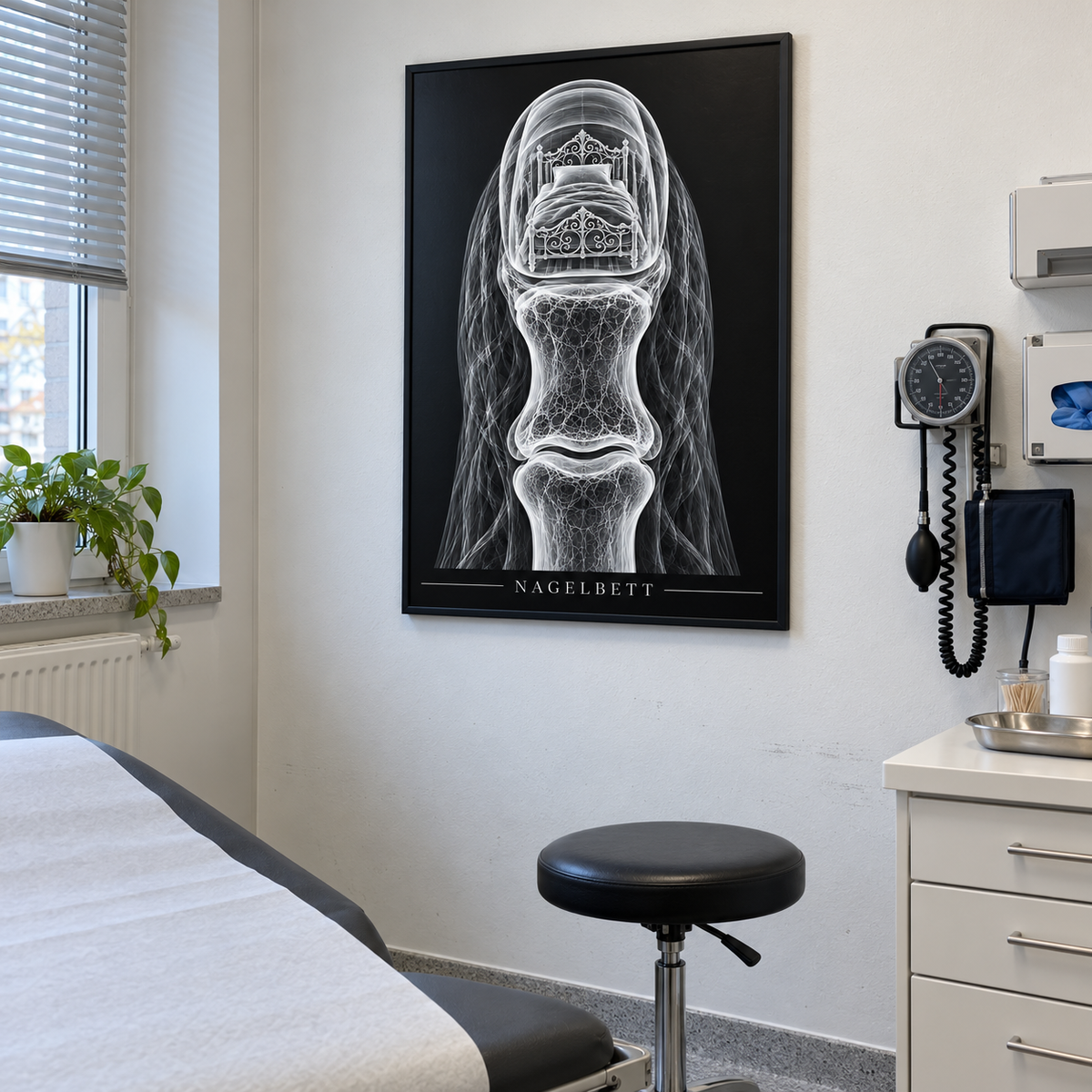 Nagelbett – Metallbett – gerahmtes Wandbild im Behandlungszimmer