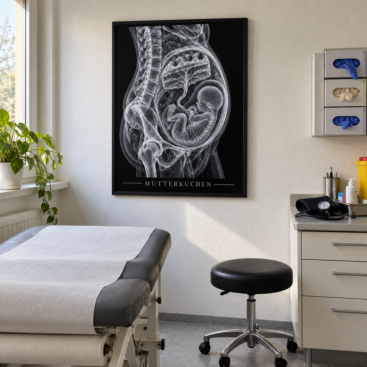 Mutterkuchen – gerahmtes Wandbild im Behandlungszimmer