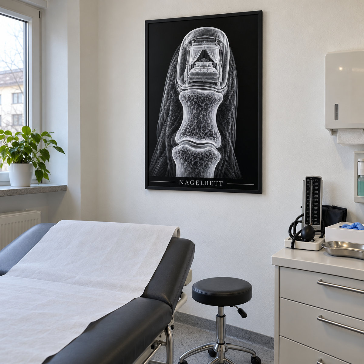 Nagelbett – Himmelbett – gerahmtes Wandbild im Behandlungszimmer