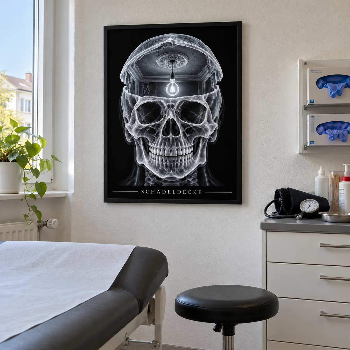 Schädeldecke – Deckenrosette – gerahmtes Wandbild im Behandlungszimmer