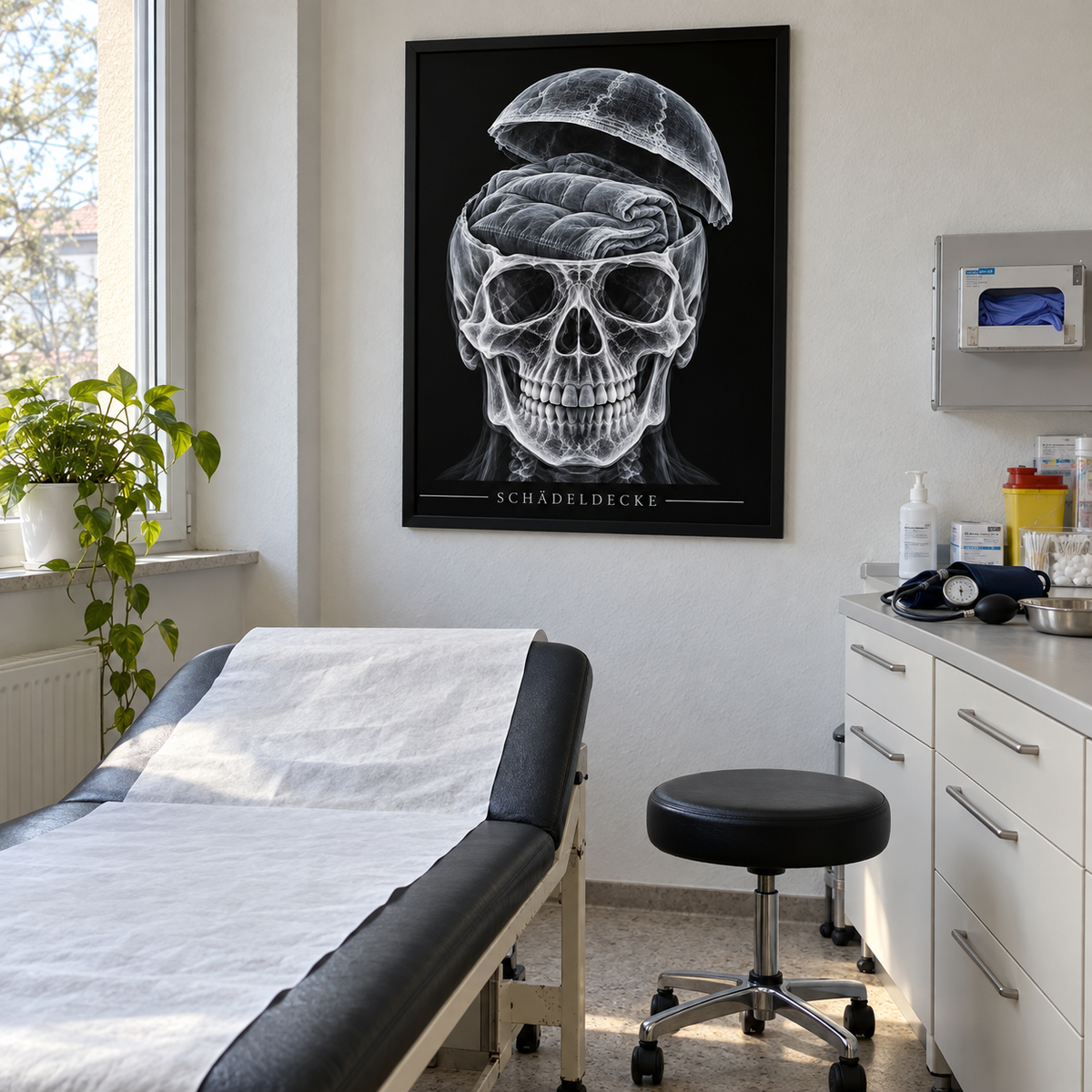 Schädeldecke – Deckenstapel – gerahmtes Wandbild im Behandlungszimmer