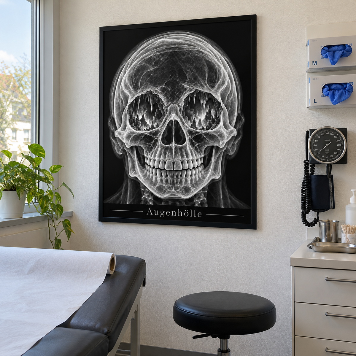 Augenhölle – Feuerhöhlen – gerahmtes Wandbild im Behandlungszimmer