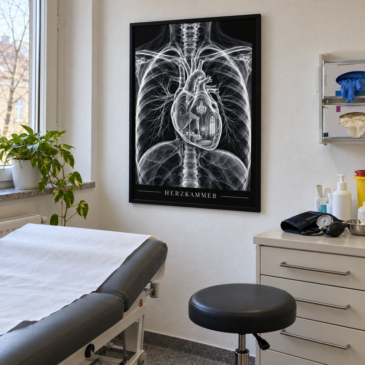 Herzkammer – Himmelbett – gerahmtes Wandbild im Behandlungszimmer