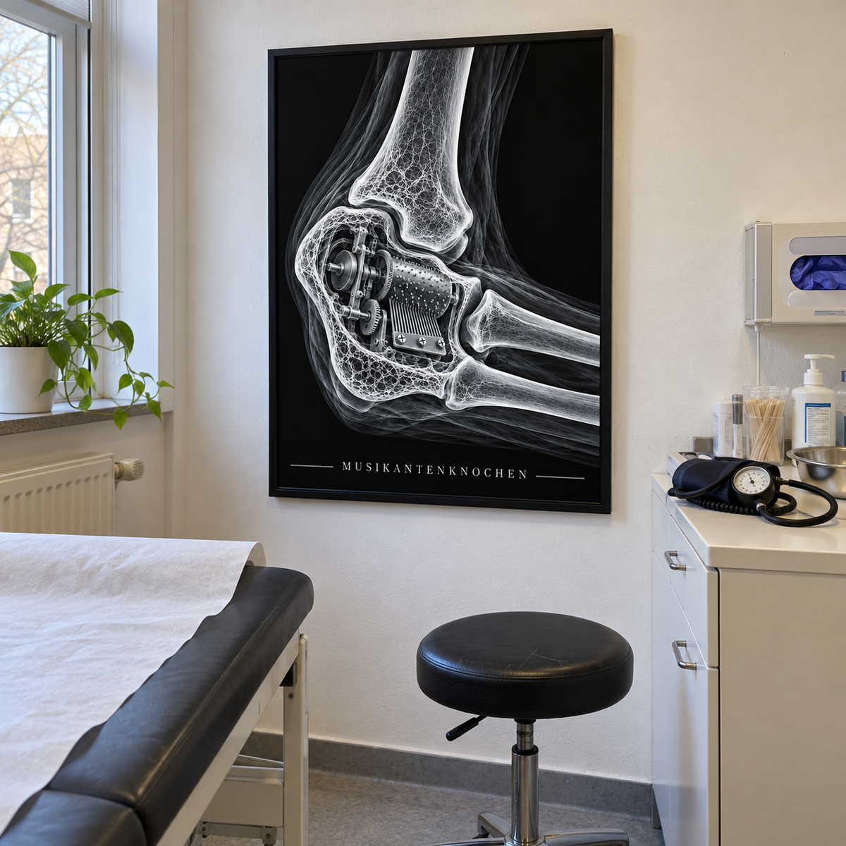 Musikantenknochen – Spieluhr – gerahmtes Wandbild im Behandlungszimmer