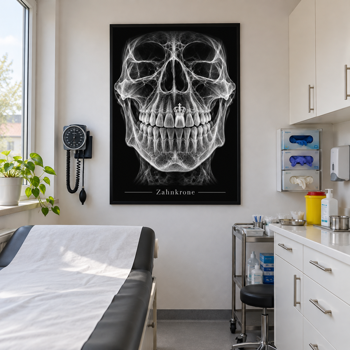 Zahnkrone – gerahmtes Wandbild im Behandlungszimmer