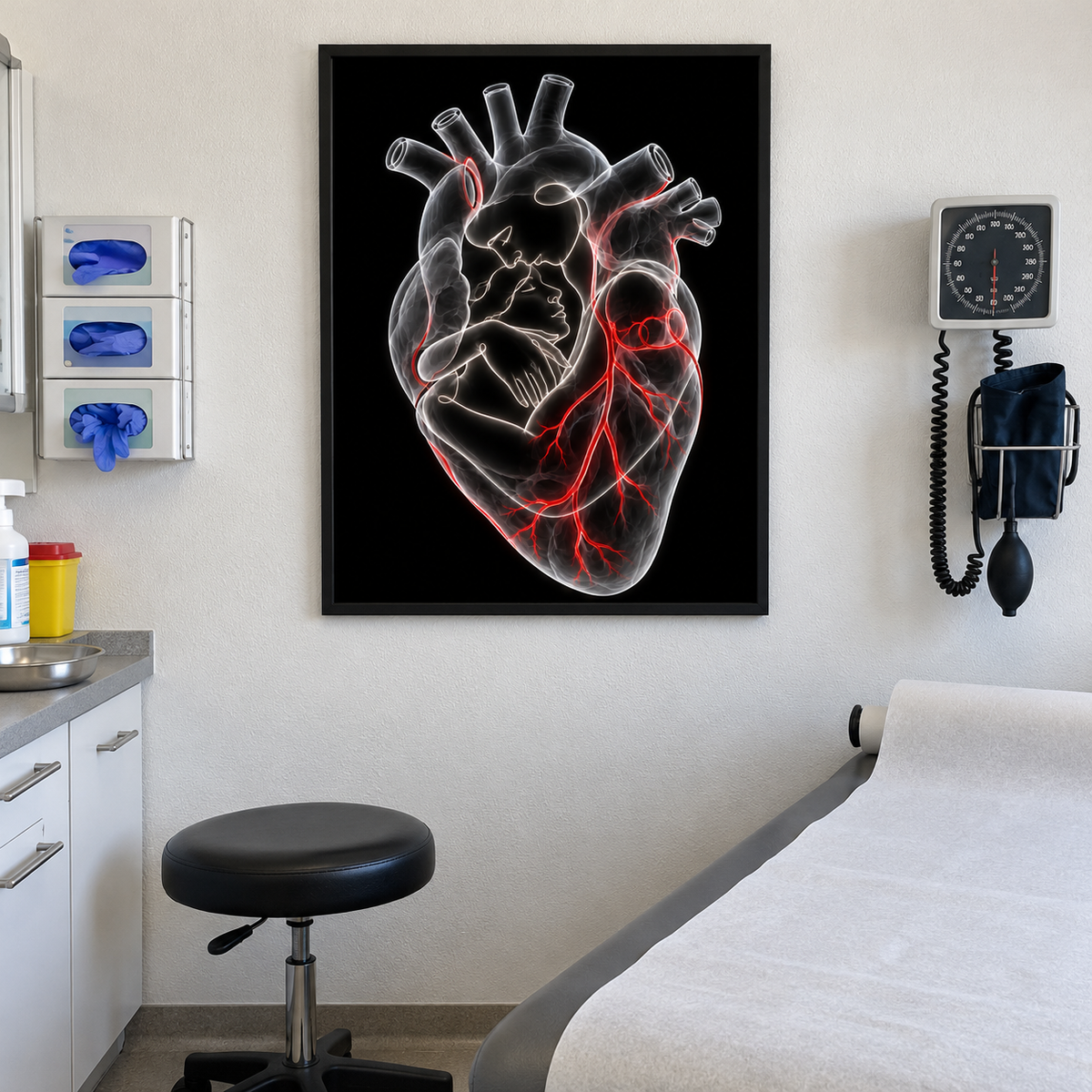 Stirnkuss – Rote Verbundenheit als gerahmtes Wandbild im Behandlungsraum.