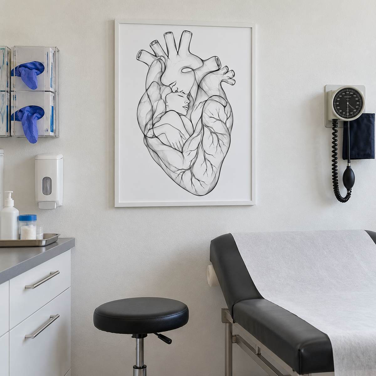 Stirnkuss – Klare Nähe als gerahmtes Wandbild im Behandlungsraum.
