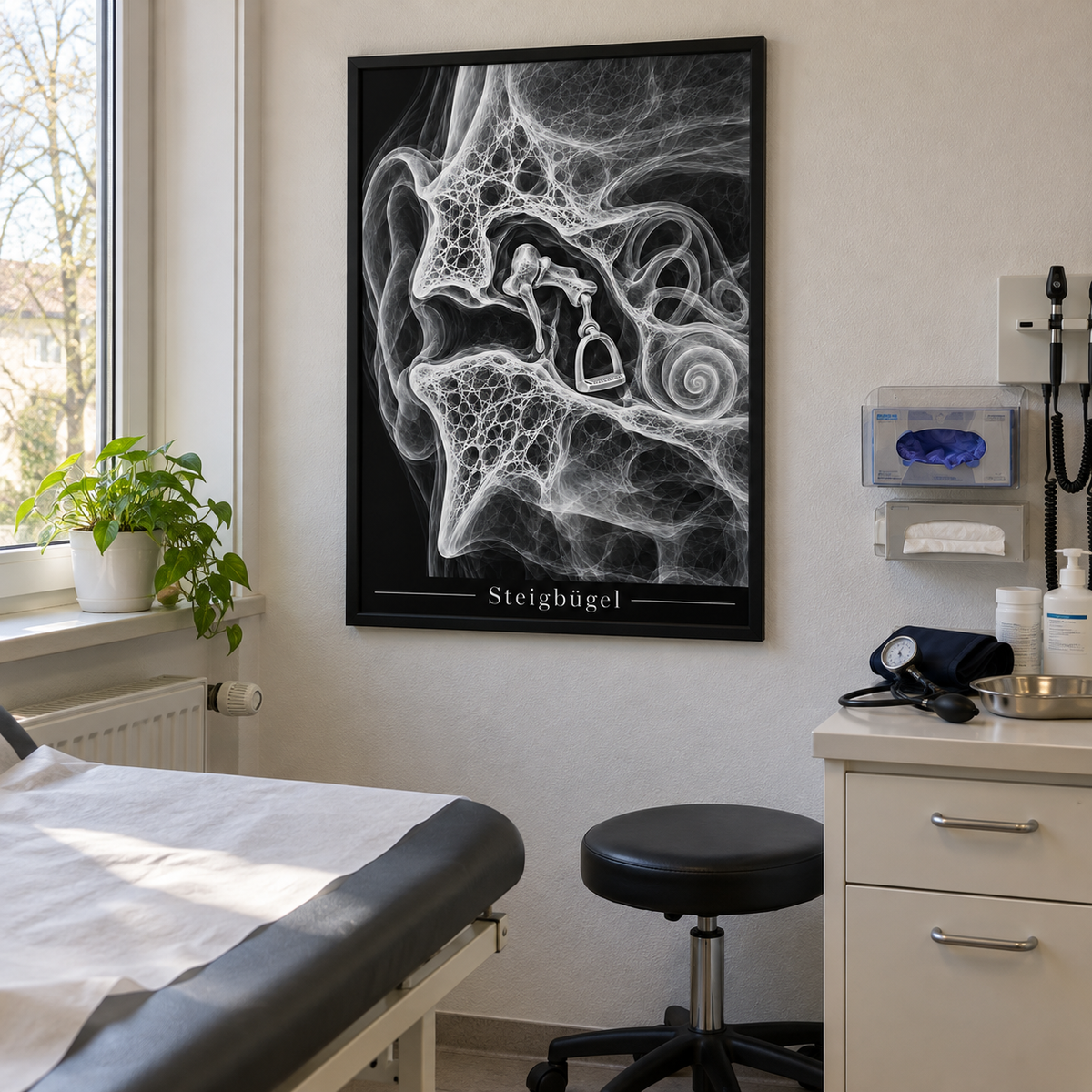 Steigbügel – gerahmtes Wandbild im Behandlungszimmer