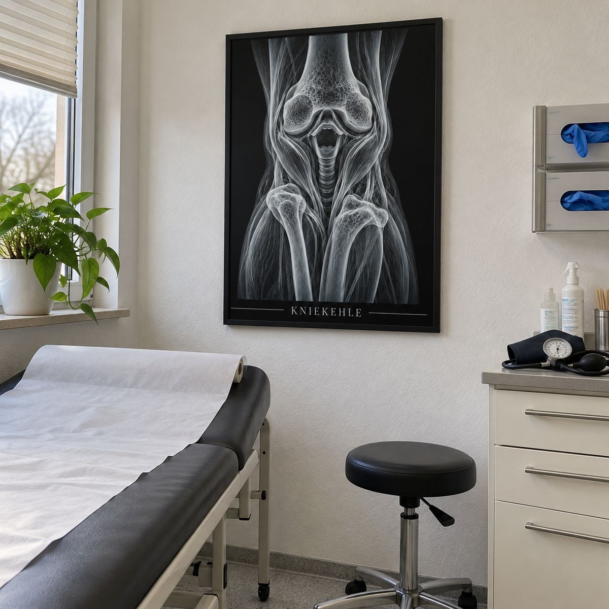Kniekehle – gerahmtes Wandbild im Behandlungszimmer