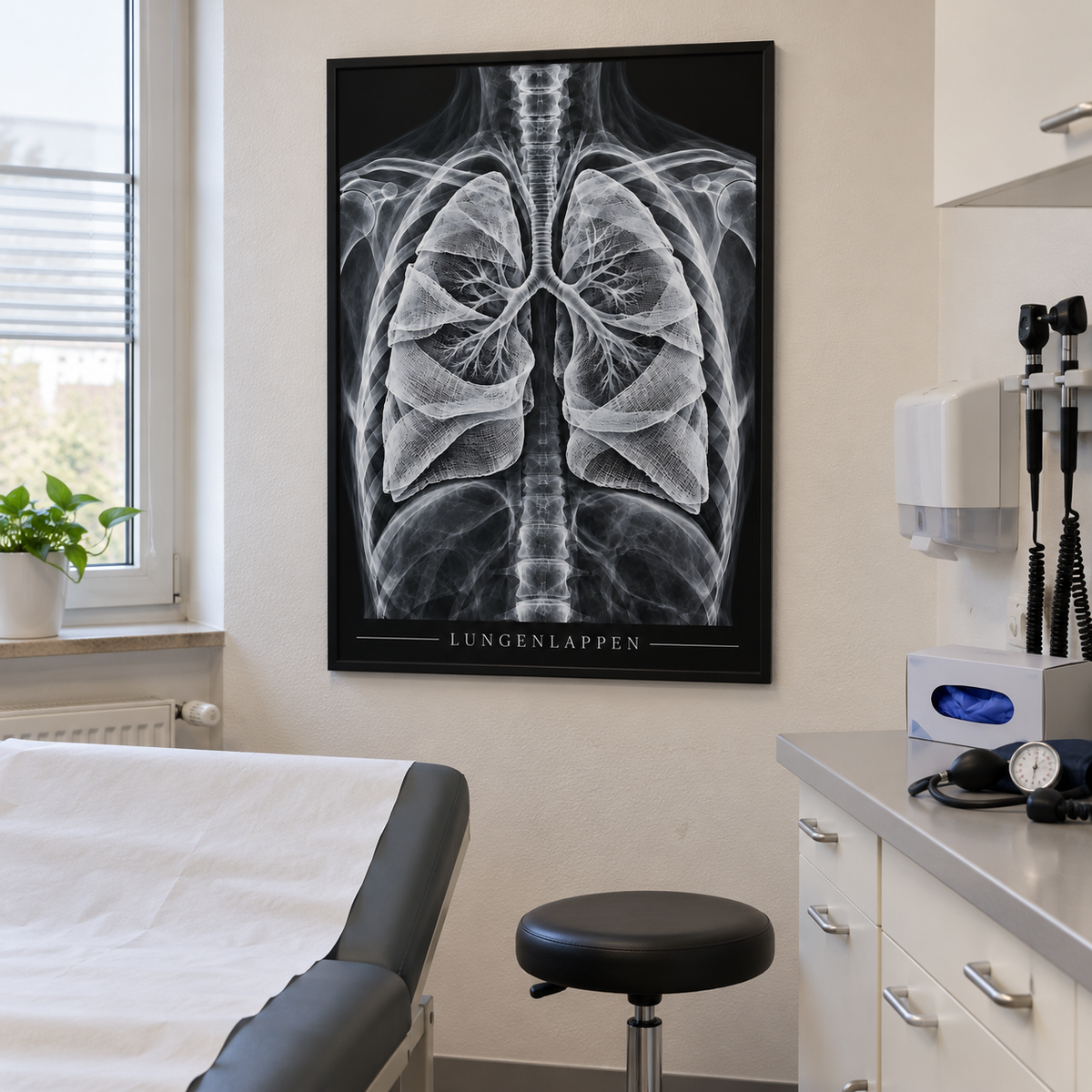 Lungenlappen – Mulltücher – gerahmtes Wandbild im Behandlungszimmer
