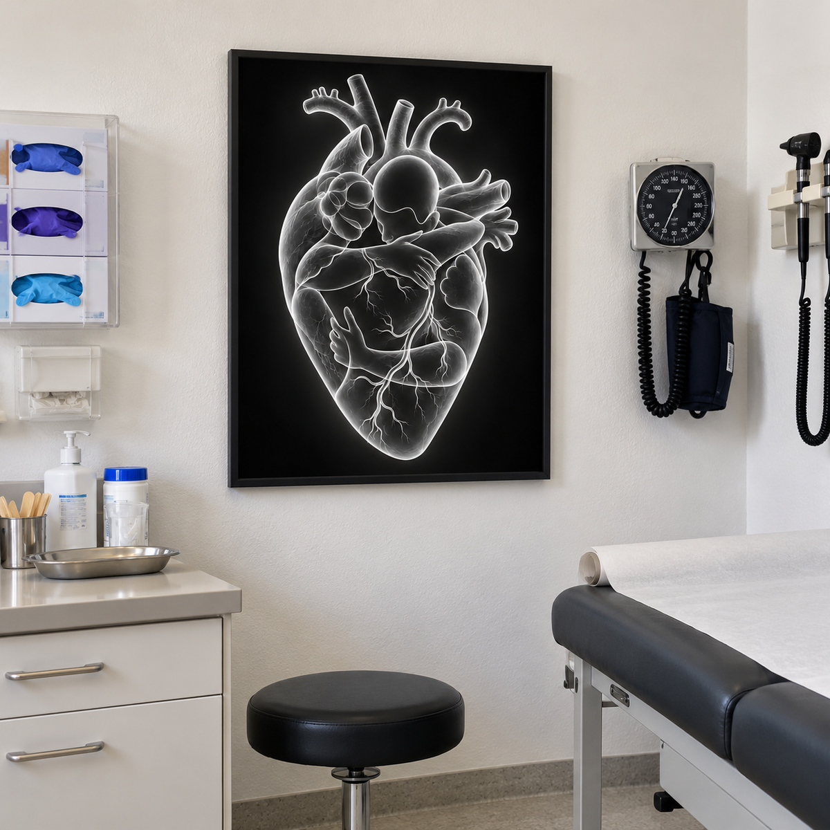 Herzumarmung – Lichtschein als gerahmtes Wandbild im Behandlungsraum.