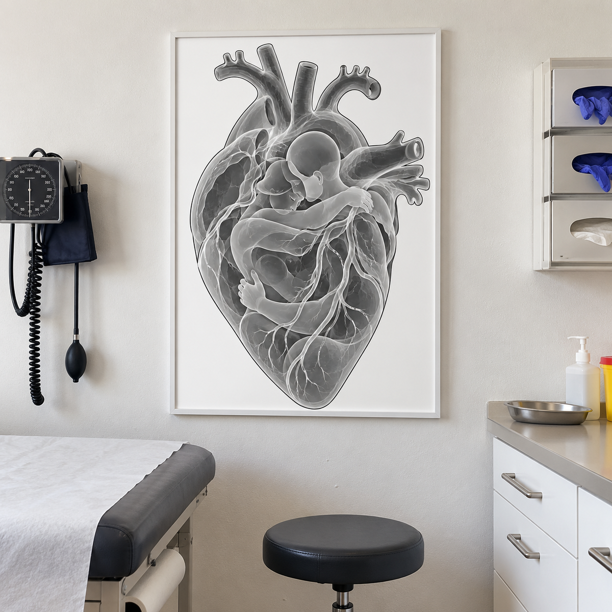 Herzumarmung – Zarte Nähe als gerahmtes Wandbild im Behandlungsraum.