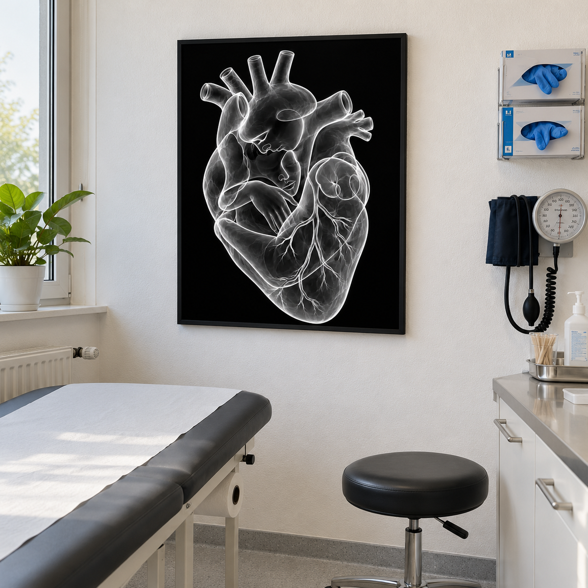 Stirnkuss – Silbernes Herzlicht als gerahmtes Wandbild im Behandlungsraum.