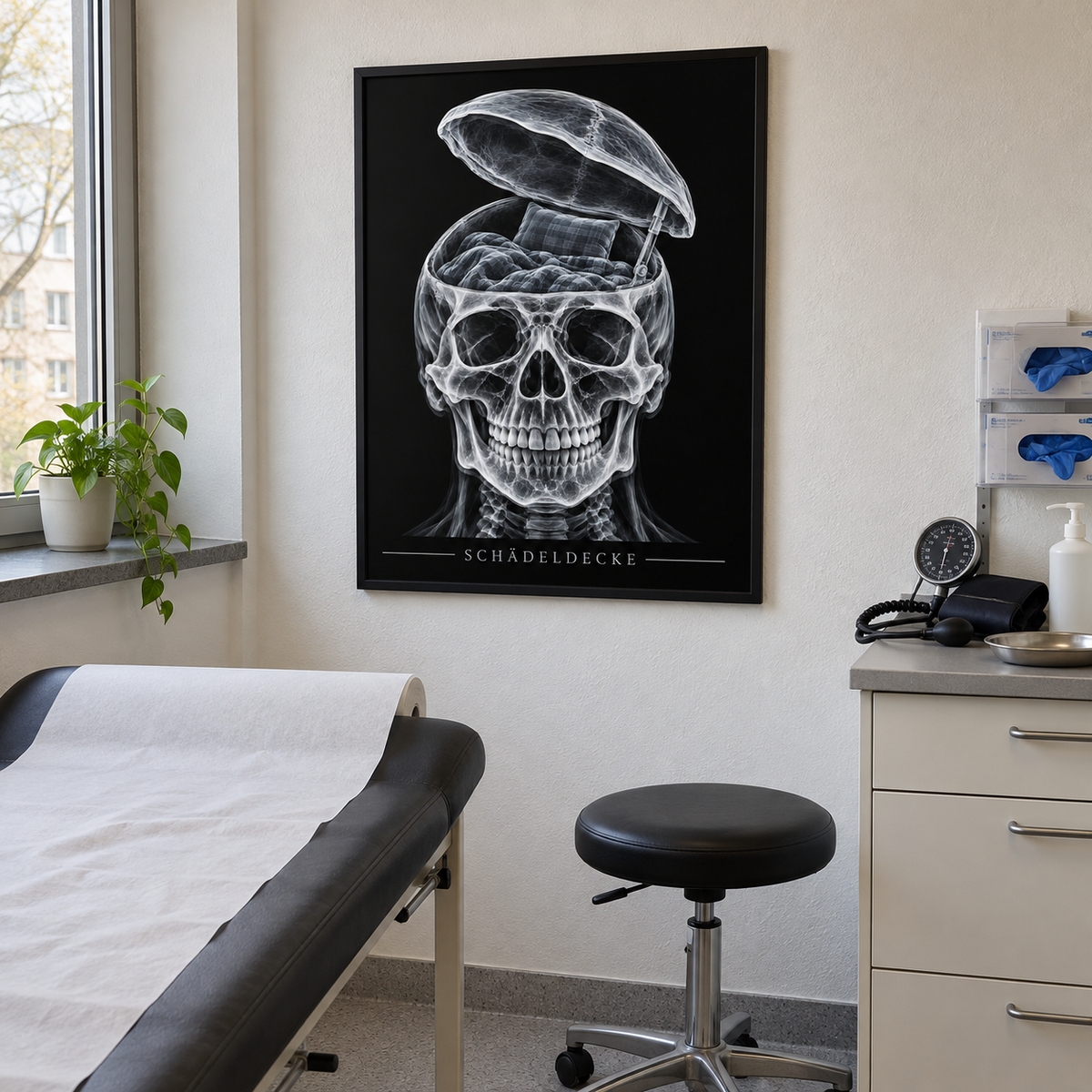 Schädeldecke – Kuschelbett – gerahmtes Wandbild im Behandlungszimmer