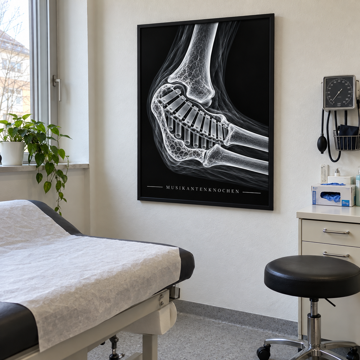 Musikantenknochen – Xylophon – gerahmtes Wandbild im Behandlungszimmer