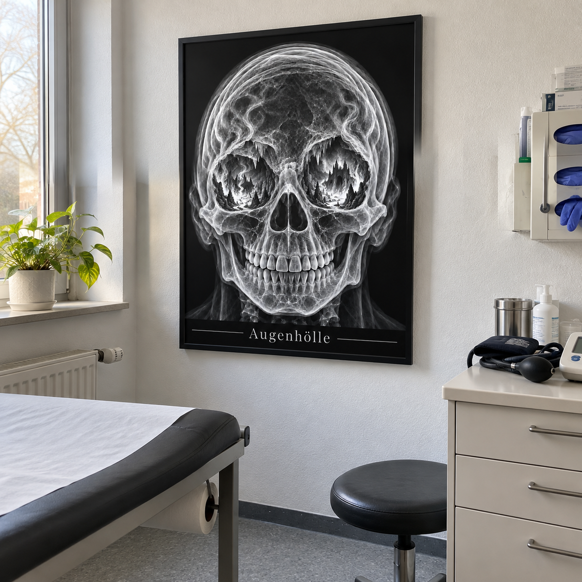 Augenhölle – Flammenpfade – gerahmtes Wandbild im Behandlungszimmer
