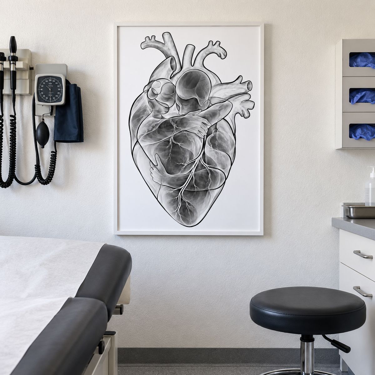 Herzumarmung – Klare Konturen als gerahmtes Wandbild im Behandlungsraum.