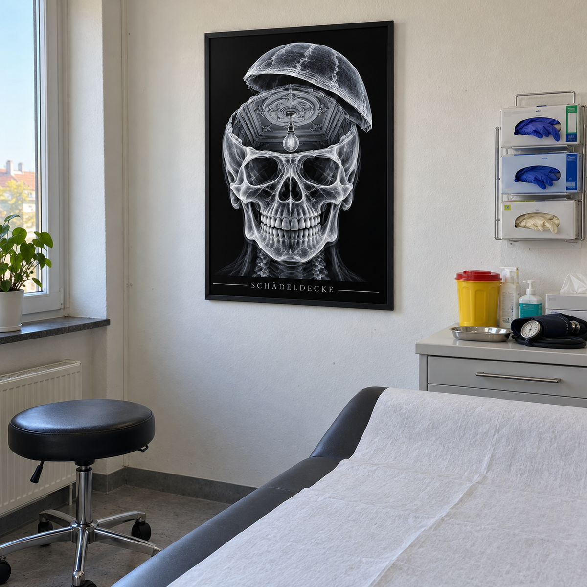 Schädeldecke – Stuckzimmer – gerahmtes Wandbild im Behandlungszimmer