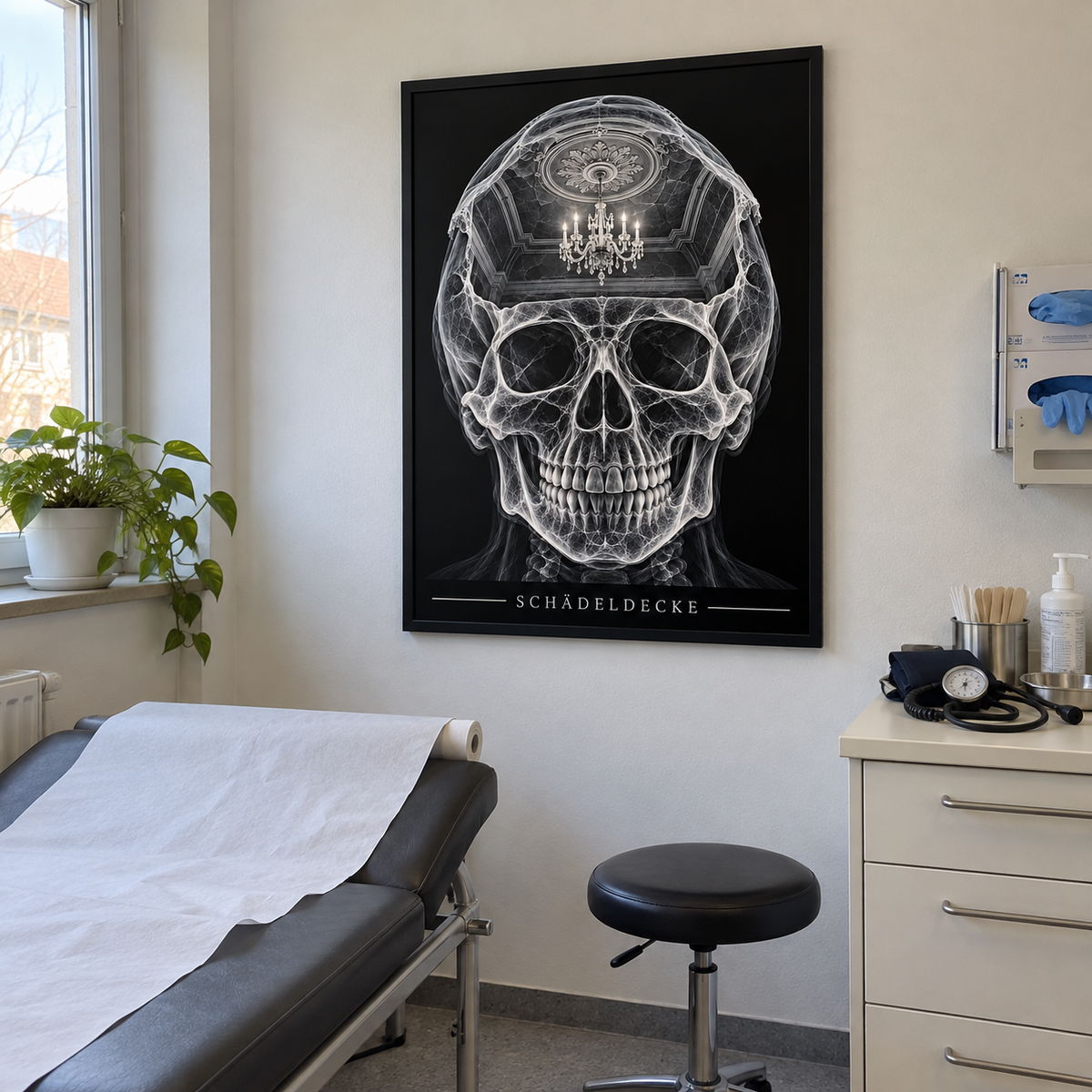 Schädeldecke – Kronleuchter – gerahmtes Wandbild im Behandlungszimmer