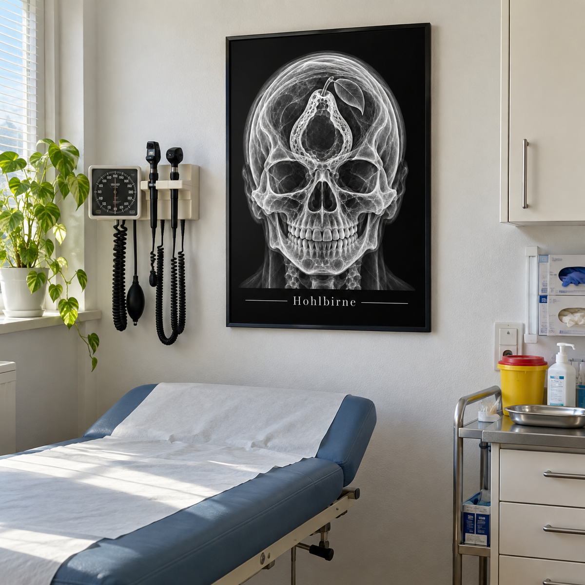 Hohlbirne – gerahmtes Wandbild im Behandlungszimmer