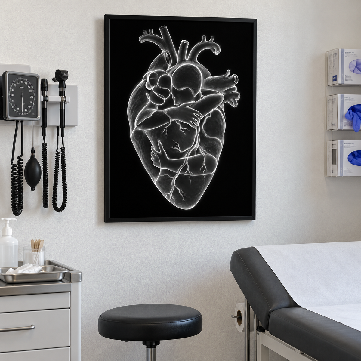 Herzumarmung – Silberlinien als gerahmtes Wandbild im Behandlungsraum.