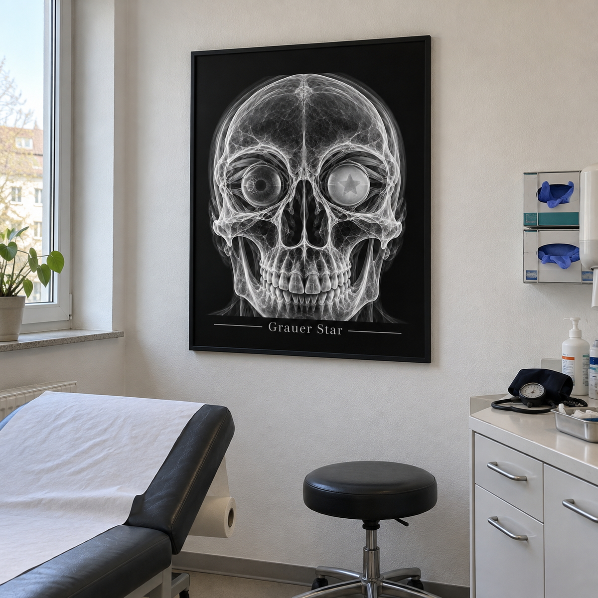 Grauer Star – gerahmtes Wandbild im Behandlungszimmer