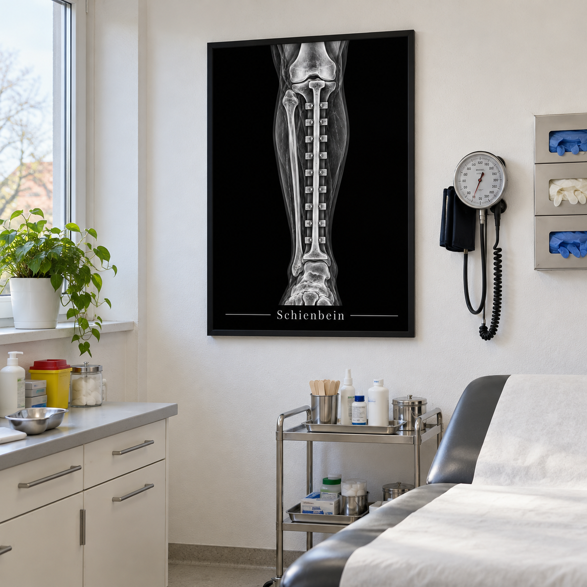 Schienbein – gerahmtes Wandbild im Behandlungszimmer