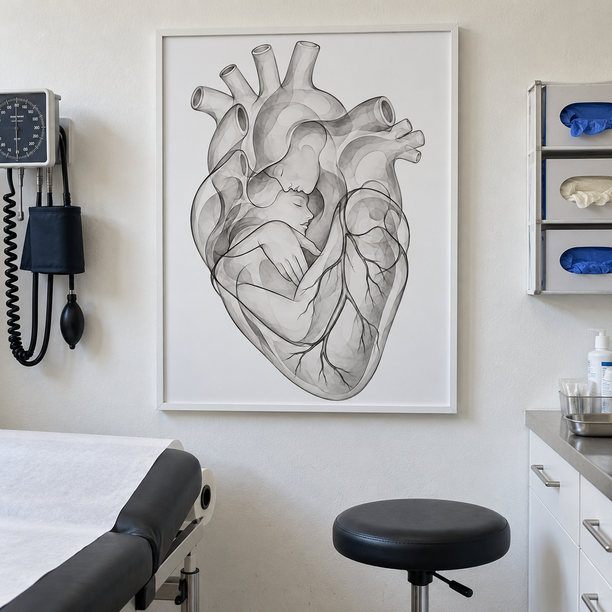 Stirnkuss – Sanfte Linien als gerahmtes Wandbild im Behandlungsraum.
