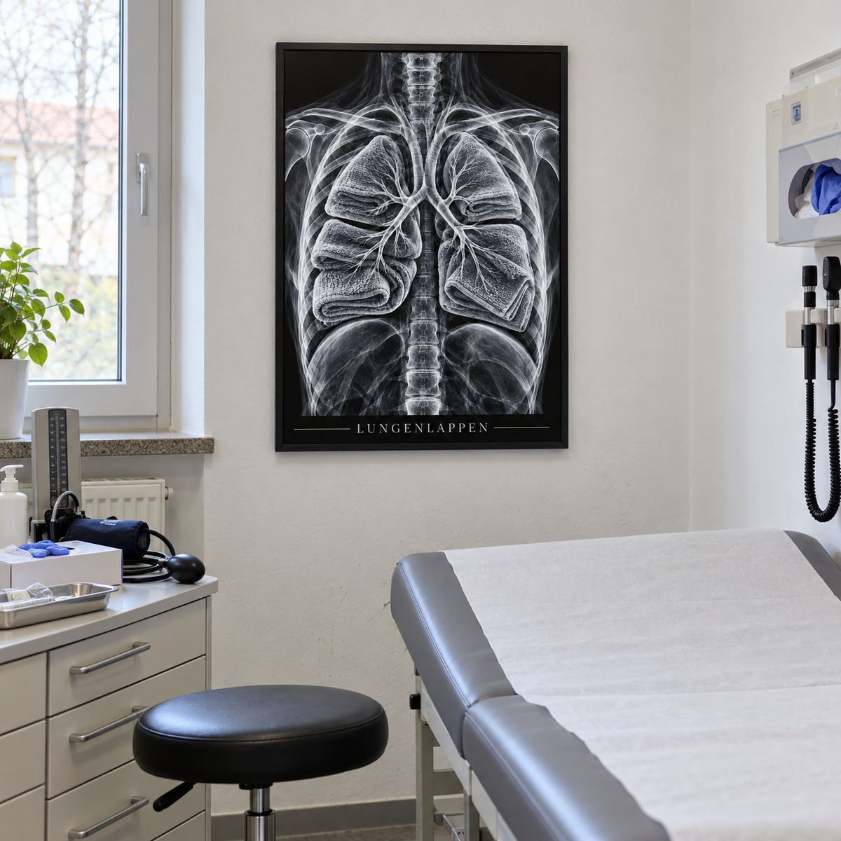 Lungenlappen – Frottiertücher – gerahmtes Wandbild im Behandlungszimmer