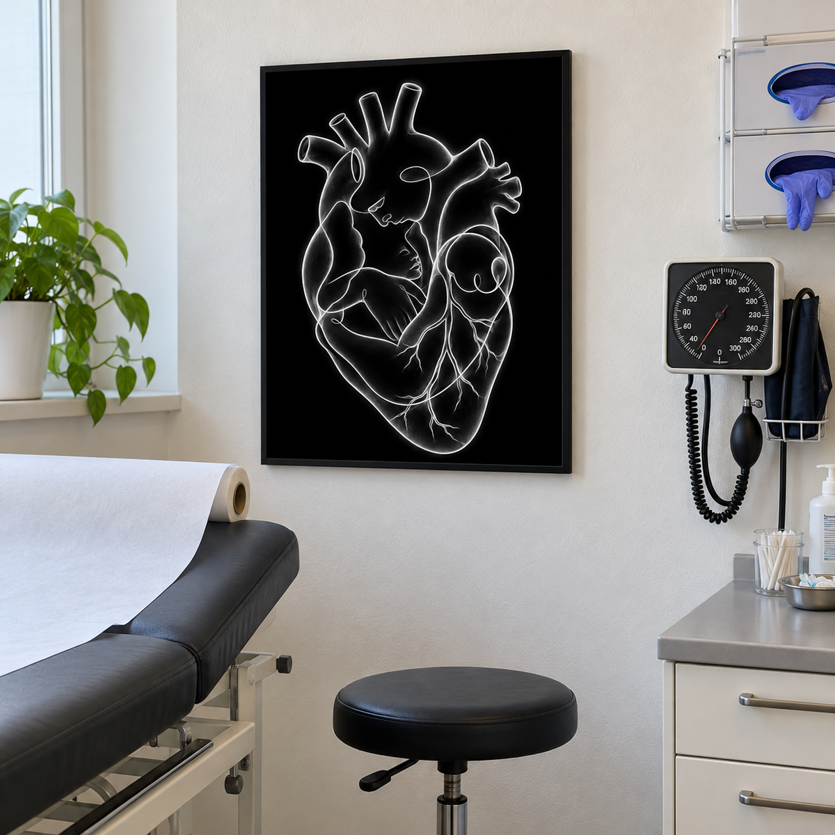 Stirnkuss – Leuchtende Stille als gerahmtes Wandbild im Behandlungsraum.