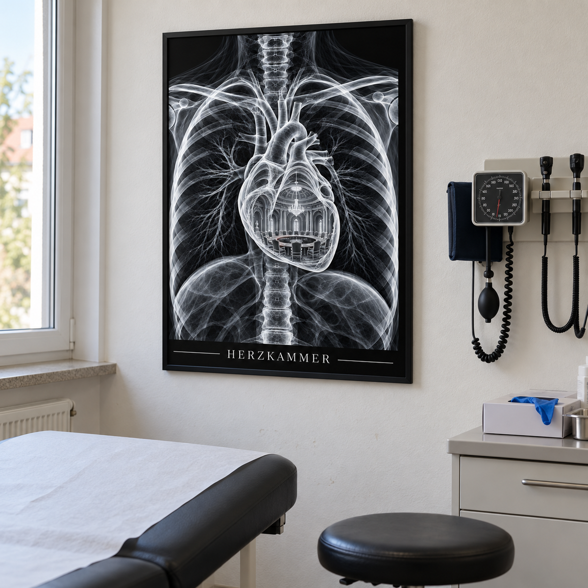 Herzkammer – Ratssaal – gerahmtes Wandbild im Behandlungszimmer