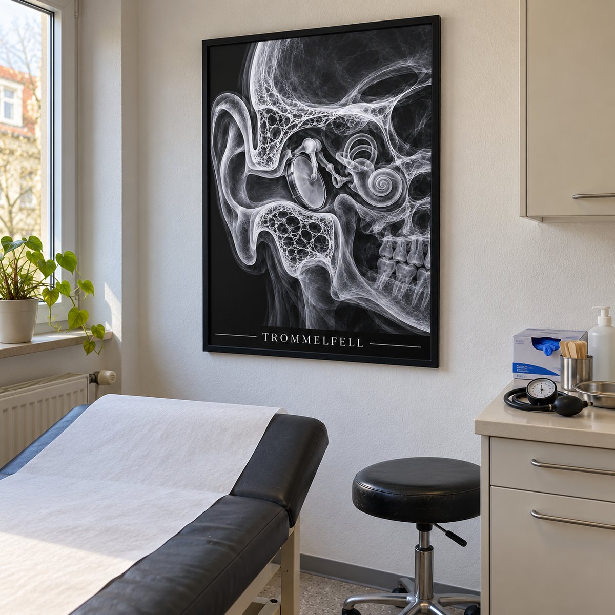 Trommelfell – gerahmtes Wandbild im Behandlungszimmer
