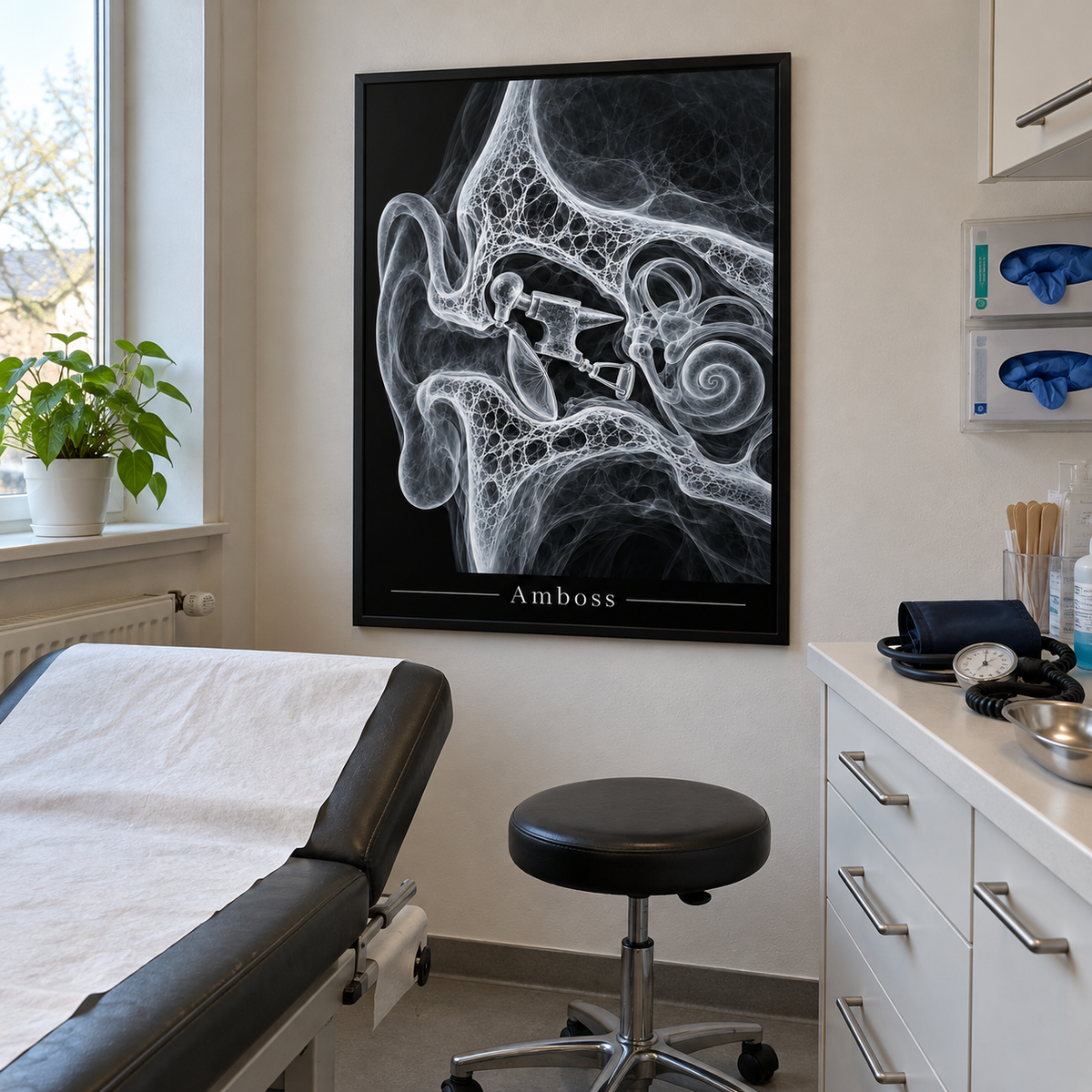 Amboss – gerahmtes Wandbild im Behandlungszimmer